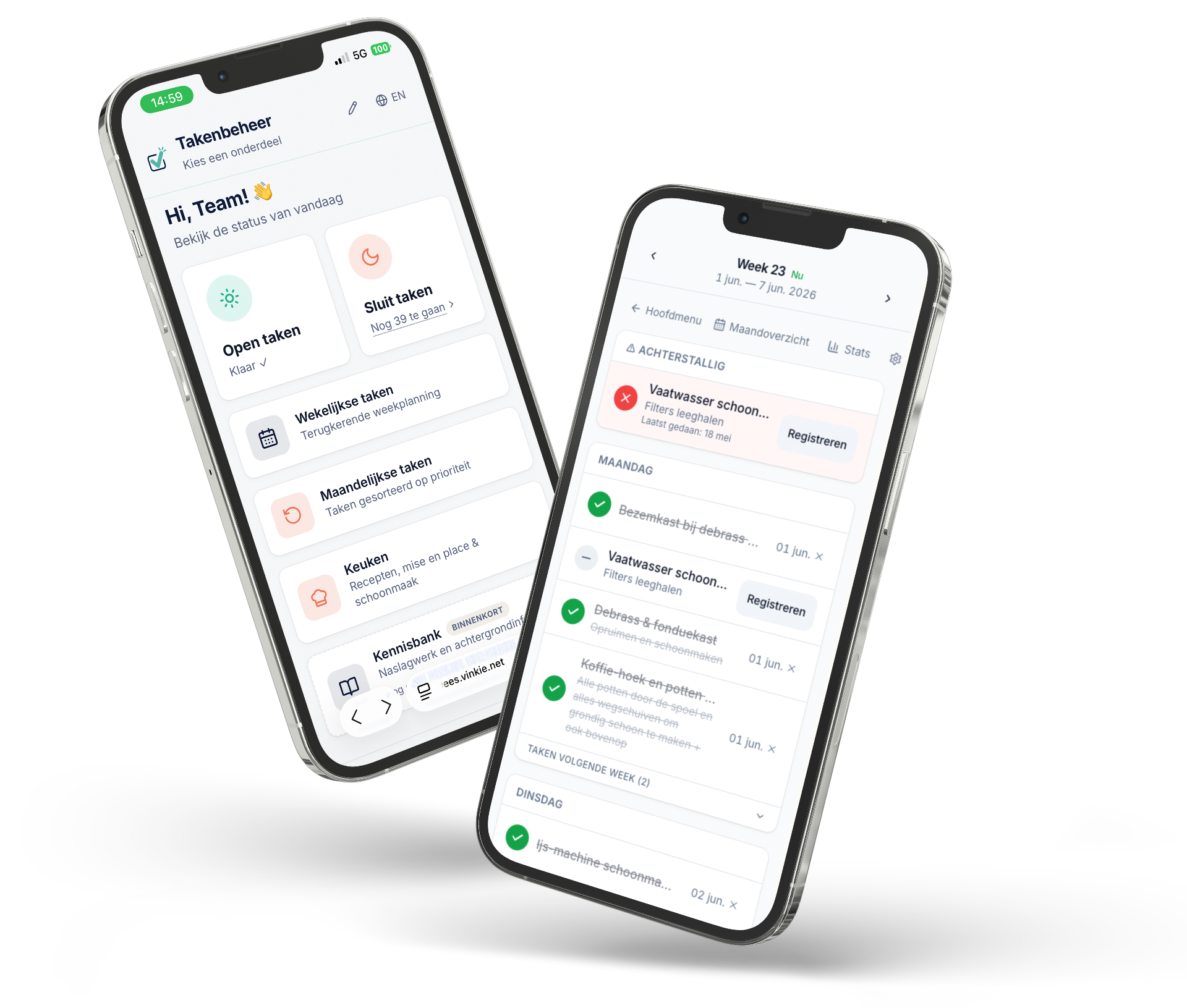 Vinkie app op twee telefoons met takenbeheer en weekoverzicht
